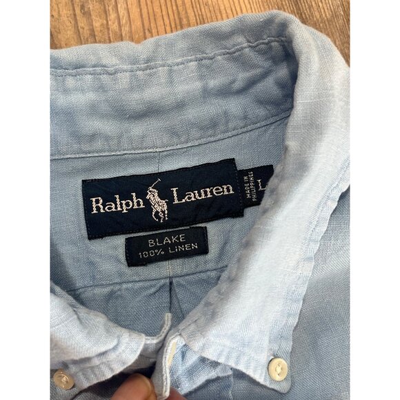 VTG Ralph Lauren Blake 100% Linen Button Down Shirt Mens L Blue Short Sleeve - Picture 4 of 6